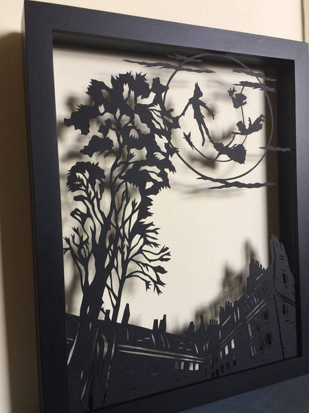 PETER PAN and the MOON Papercut in Shadow Box - Hand-Cut Silhouette, Framed
