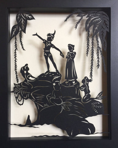 PETER PAN and the MERMAIDS Papercut in Shadow Box - Hand-Cut Silhouette, Framed