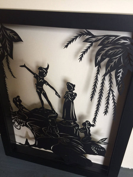 PETER PAN and the MERMAIDS Papercut in Shadow Box - Hand-Cut Silhouette, Framed