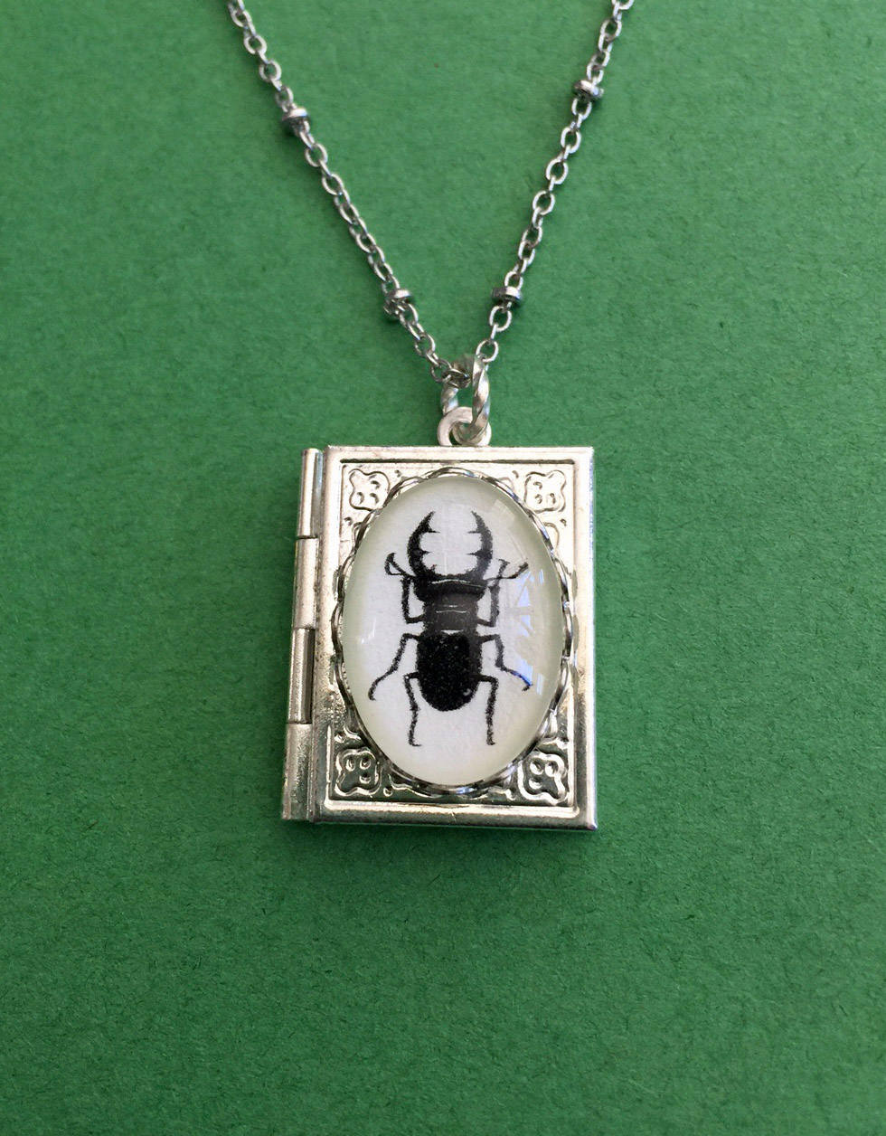 STAG BEETLE Book Locket Necklace, pendant on chain - Silhouette Jewelry