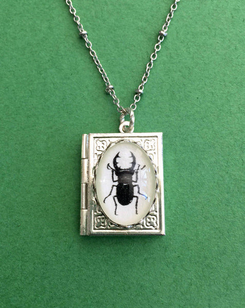 STAG BEETLE Book Locket Necklace, pendant on chain - Silhouette Jewelry