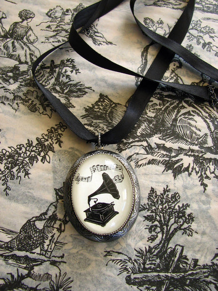 VICTROLA Locket Necklace - locket pendant on ribbon - Silhouette Jewelry