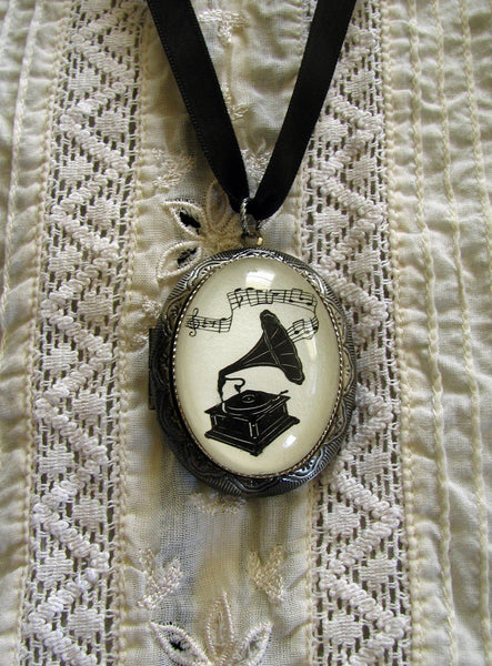 VICTROLA Locket Necklace - locket pendant on ribbon - Silhouette Jewelry