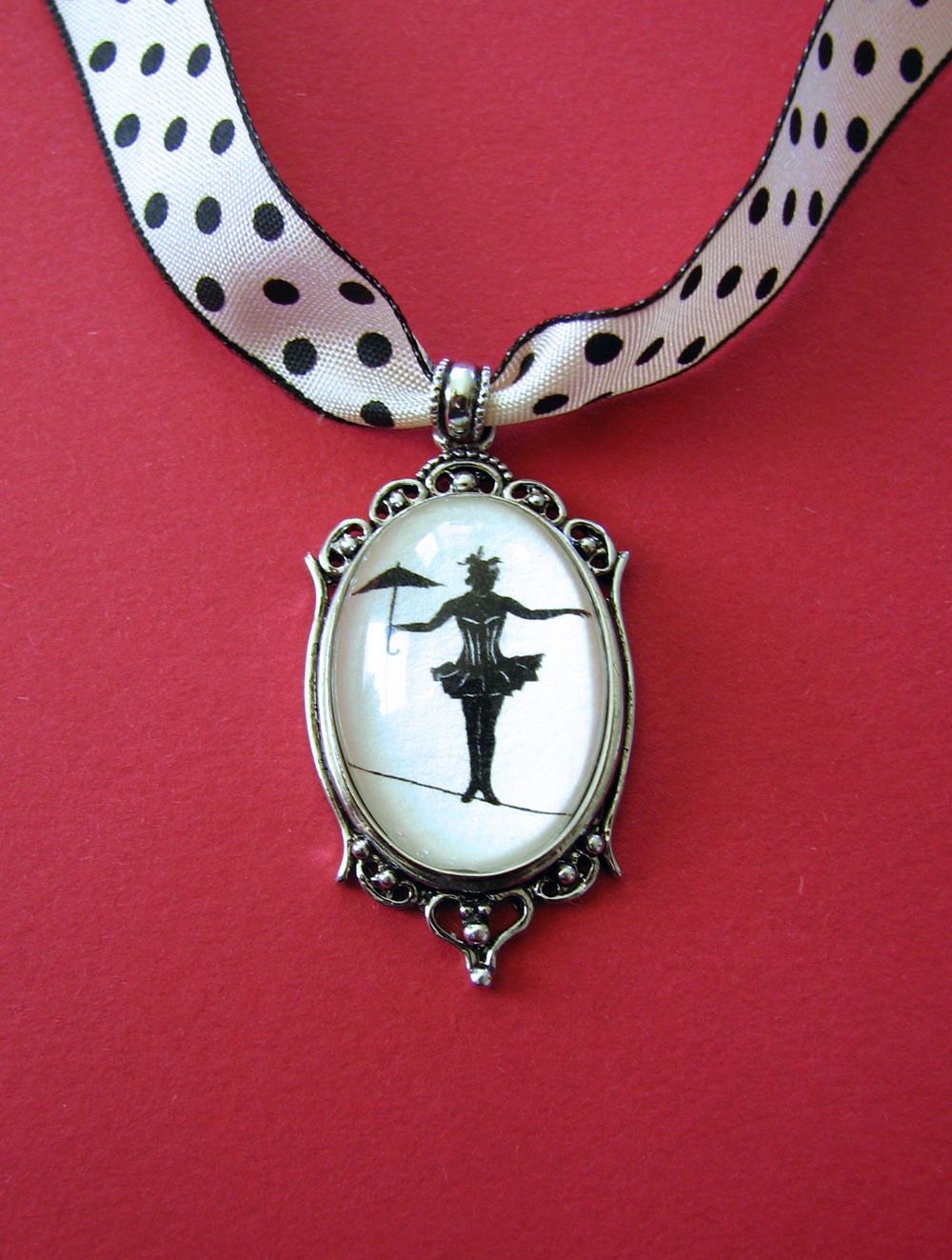 ELVIRA on a TIGHTROPE Choker Necklace, pendant on ribbon - Silhouette Jewelry