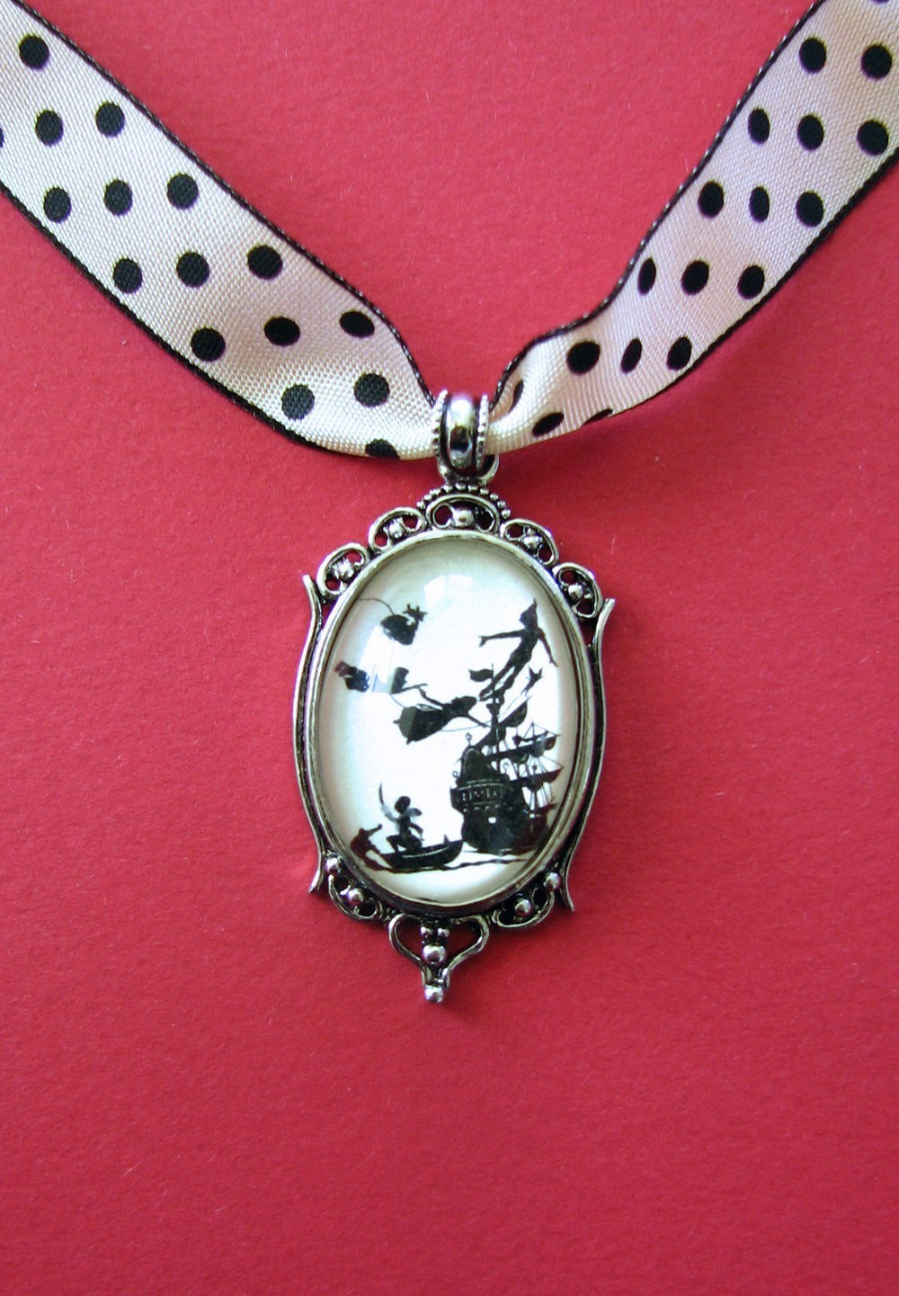 PETER PAN Choker Necklace, pendant on ribbon - Silhouette Jewelry
