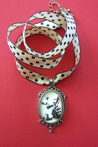 PETER PAN Choker Necklace, pendant on ribbon - Silhouette Jewelry