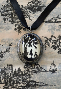 ALICE IN WONDERLAND Locket Necklace - locket pendant on ribbon - Silhouette Jewelry