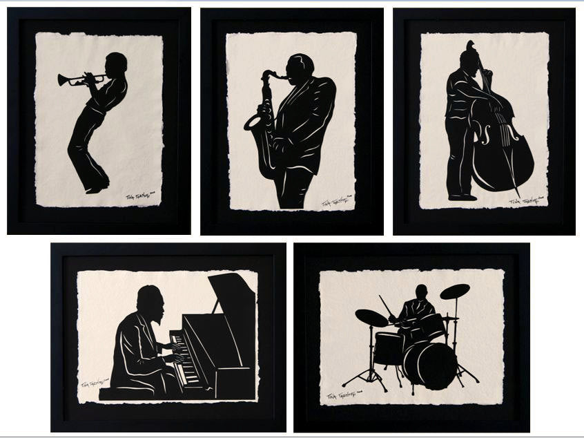 JAZZ GIANTS Papercuts - 5 Hand-Cut Silhouettes, Individually Framed