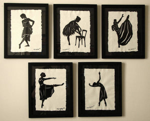 BALLET DANCERS Papercuts, 5 Hand-Cut Silhouettes, Individually Framed