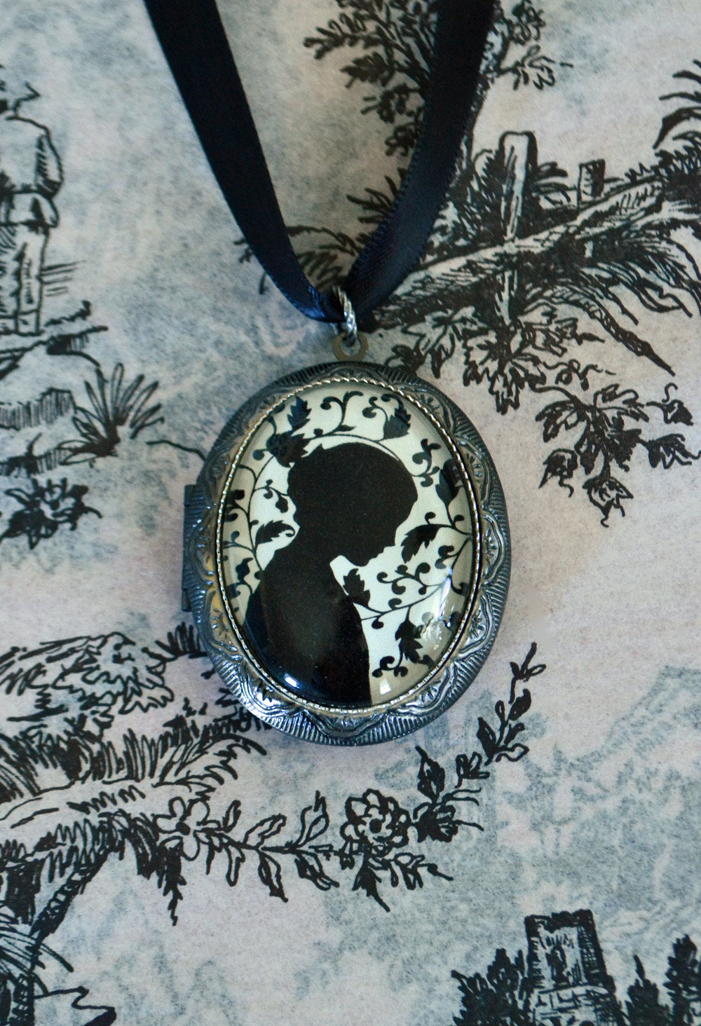 JANE EYRE Locket Necklace - locket pendant on ribbon - Silhouette Jewelry