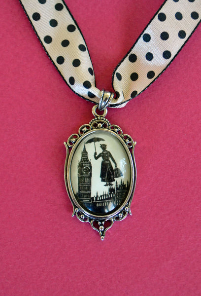 MARY POPPINS Choker Necklace, pendant on ribbon - Silhouette Jewelry