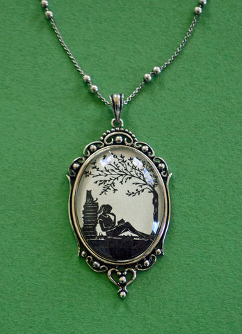 AFTERNOON READING in the PARK Necklace, pendant on chain - Silhouette Jewelry