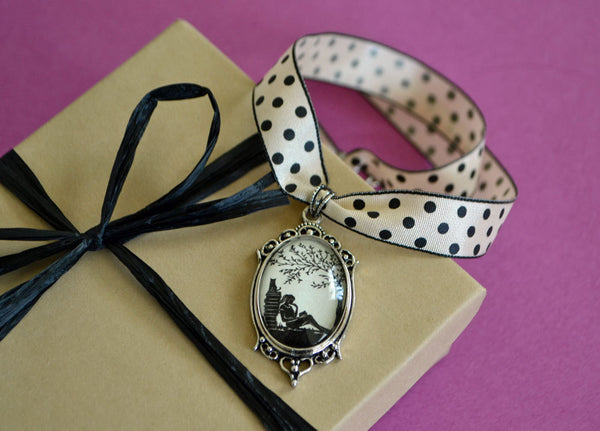 Silhouette Choker Necklace, Pendant on Ribbon - AFTERNOON READING in the PARK - Silhouette Jewelry