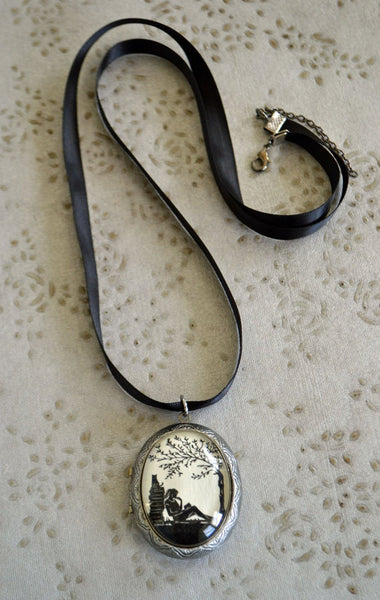 AFTERNOON READING in the PARK Locket Necklace - locket pendant on ribbon - Silhouette Jewelry