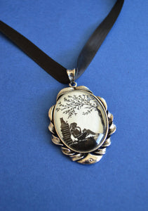 AFTERNOON READING in the PARK Choker Necklace - pendant on ribbon - Silhouette Jewelry