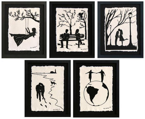 LOVE STORY SERIES Papercuts - 5 Hand-Cut Silhouettes, Individually Framed
