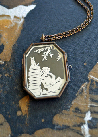AFTERNOON READING in the PARK Locket - Hand-Cut Miniature Papercut Locket Necklace