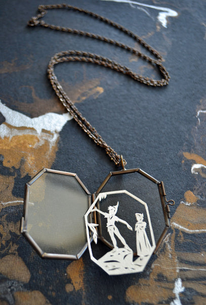 PETER PAN Locket - Hand-Cut Miniature Silhouette Papercut, Glass Locket Necklace