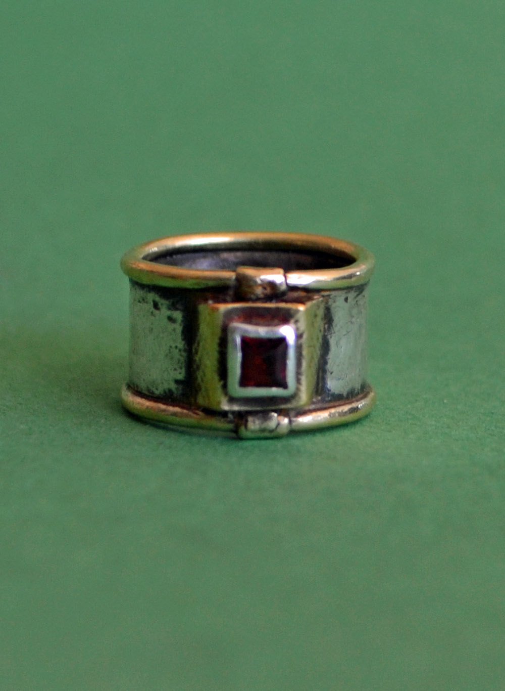 Vintage Ring Sterling Silver 14k Gold and Garnet Tribal Style Signed