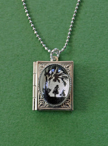 ALICE IN WONDERLAND Book Locket Necklace, pendant on chain - Silhouette Jewelry