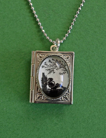 AFTERNOON READING in the PARK Book Locket Necklace, pendant on chain - Silhouette Jewelry