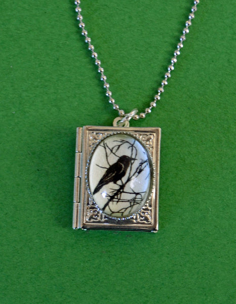 FOR the LOVE of CROWS Book Locket Necklace, pendant on chain - Silhouette Jewelry