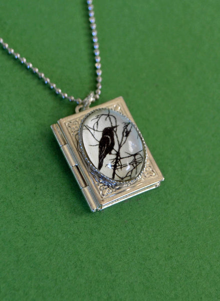 FOR the LOVE of CROWS Book Locket Necklace, pendant on chain - Silhouette Jewelry