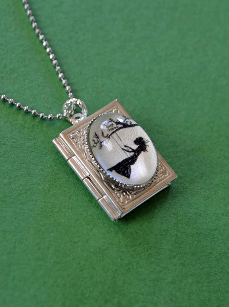 GIRL on a SWING Book Locket Necklace, pendant on chain - Silhouette Jewelry
