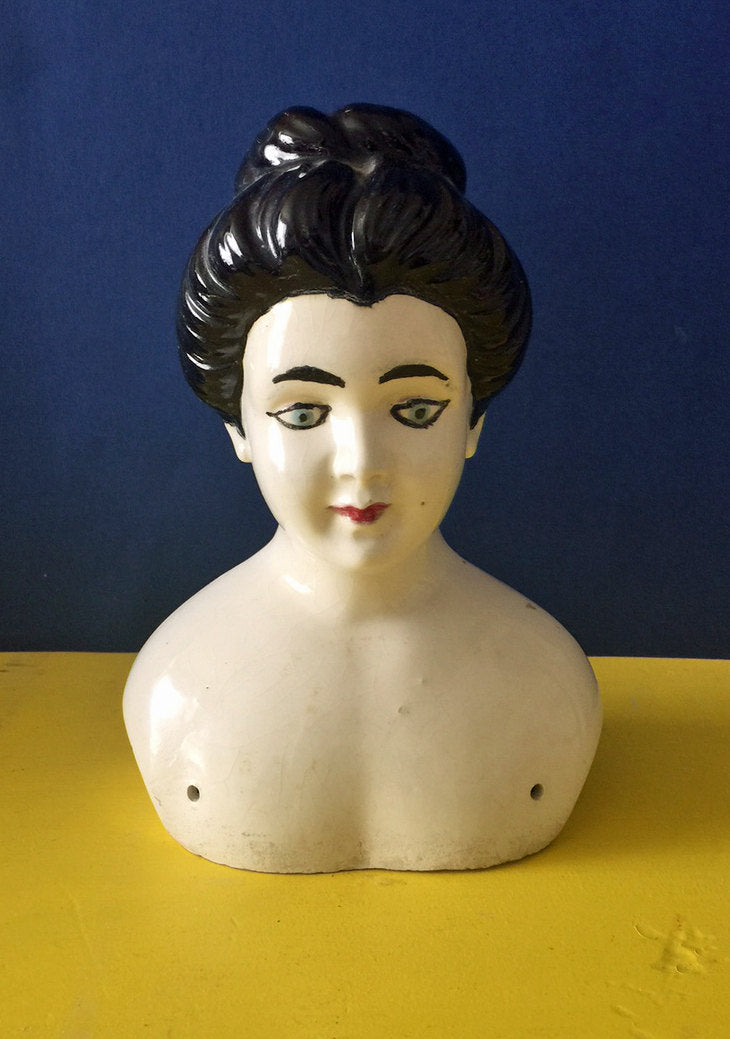 Vintage Ceramic Doll Bust Doll Head with Black Hair Blue Eyes