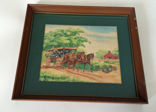 Original Watercolor Painting 50s Signed Countryside Farm Carriage Horse California Vintage